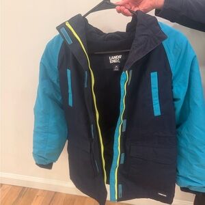 Lands' End Kids Navy & Teal Puffer Jacket with Yellow Zipper